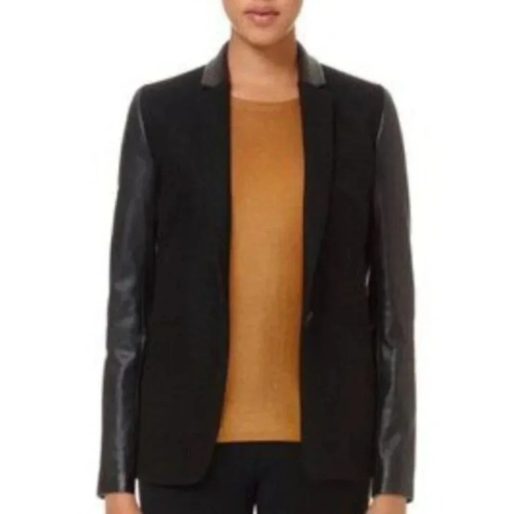 Aritzia Babaton Fred Blazer Black  Wool Cashmere Blend Faux Leather Sleeves